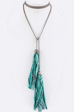 WRAPPED FABRIC TASSELS CHOKER NECKLACE