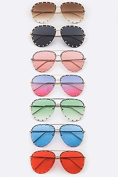 Fashion Studded Ocean Lens Aviator Sunglasses
