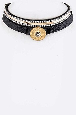 METAL DISK & CRYSTAL LAYER CHOKER NECKLACE