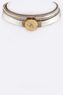 METAL DISK & CRYSTAL LAYER CHOKER NECKLACE