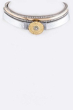 METAL DISK & CRYSTAL LAYER CHOKER NECKLACE