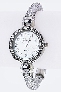 Glitzy Crystal Round Mesh Tube Bracelet Watch