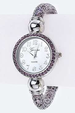 Glitzy Crystal Round Mesh Tube Bracelet Watch