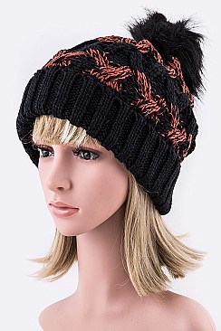 Pack of 12 Fashion 2 Tone Cable Knit PomPom Beanies