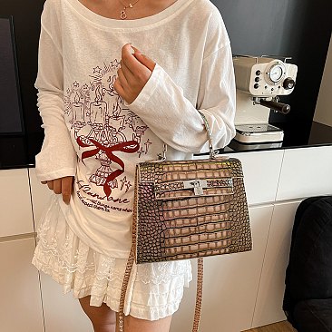 Medium Size Exceptional Crocodile Padlock Multi Tone Satchel
