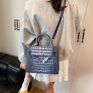 Medium Size Exceptional Crocodile Padlock Multi Tone Satchel