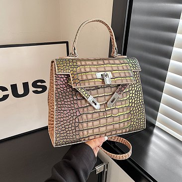 Medium Size Exceptional Crocodile Padlock Multi Tone Satchel