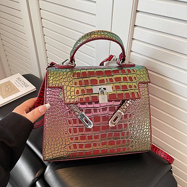 Medium Size Exceptional Crocodile Padlock Multi Tone Satchel