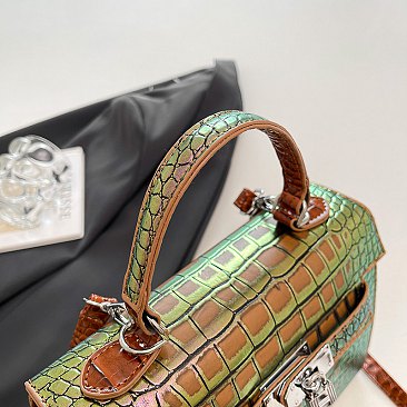 Medium Size Exceptional Crocodile Padlock Multi Tone Satchel