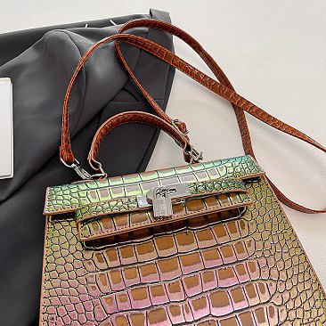 Medium Size Exceptional Crocodile Padlock Multi Tone Satchel