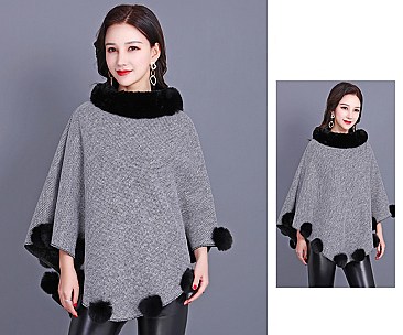 SOFT MONOCHROME FUR COLLAR FUR BALL ACCENT PONCHO