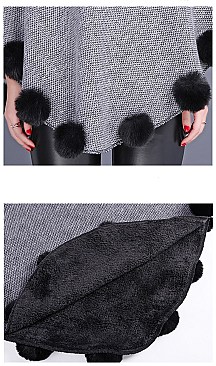 SOFT MONOCHROME FUR COLLAR FUR BALL ACCENT PONCHO