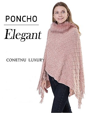 ELEGANT FUR COLLAR FRINGED PONCHO