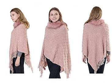 ELEGANT FUR COLLAR FRINGED PONCHO