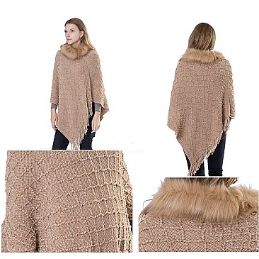 ELEGANT FUR COLLAR FRINGED PONCHO