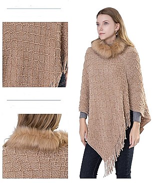 ELEGANT FUR COLLAR FRINGED PONCHO