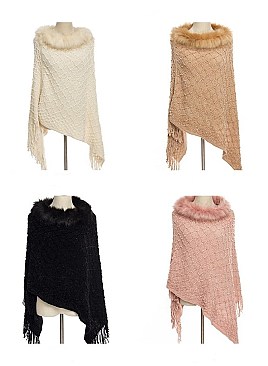 ELEGANT FUR COLLAR FRINGED PONCHO