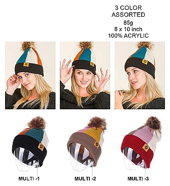 PACK OF 12 FASHION POMPOM MULTI TONE BEANIES