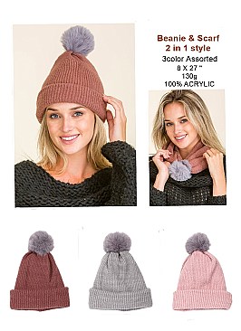 PACK OF 12  2-IN-1 FASHION POMPOM BEANIE AND SCARF