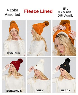 Pack of 12 Cute Fleece Lined Pom Pom Knitted Beanies