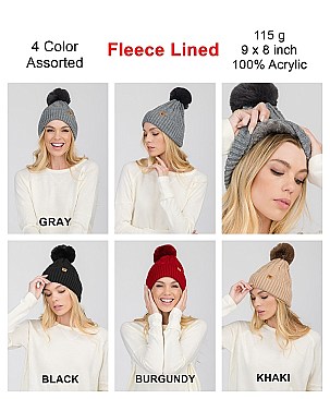 Pack of 12 Cute Fleece Lined Pom Pom Knitted Beanies