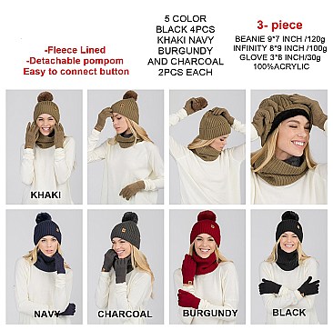 Pack of 12 DETACHABLE FUR POM-POM KNIT SWEATER HAT, INFINITY SCARF & GLOVES SET