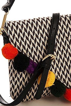 FASHION POMPOM STYLISH CLUTCH WITH TWO STRAPS