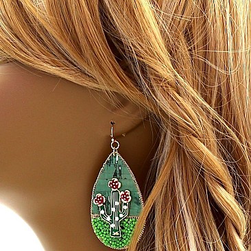 Rhinestone and Bead Cork Texture Metal Teardrop Novelty Cactus Earring