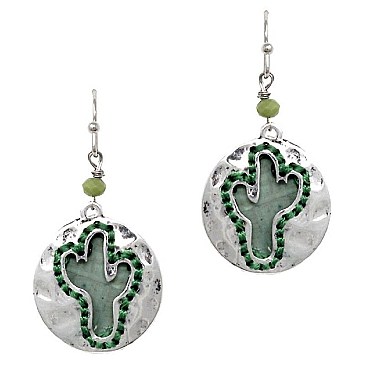 Cork Layered Open-cut Stitch Trim Novelty Cactus Metal Dangle Earring