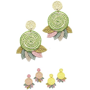 Rolled-up 3D Handmade Straw Flower Leaf Earring