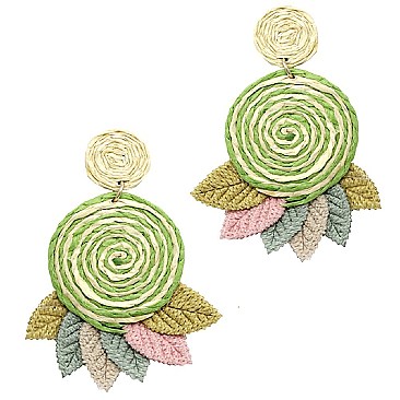 Rolled-up 3D Handmade Straw Flower Leaf Earring