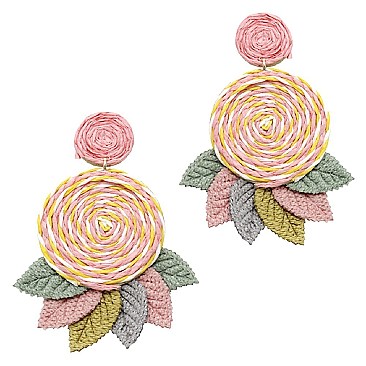 Rolled-up 3D Handmade Straw Flower Leaf Earring