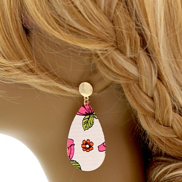 Trendy Flower Printed Fabric Metal Back Teardrop Earrings MH-JCE1547
