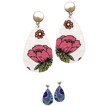 Trendy Flower Printed Fabric Metal Back Teardrop Earrings MH-JCE1547