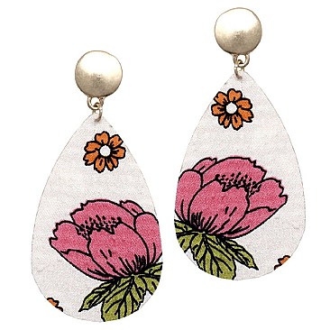 Trendy Flower Printed Fabric Metal Back Teardrop Earrings MH-JCE1547