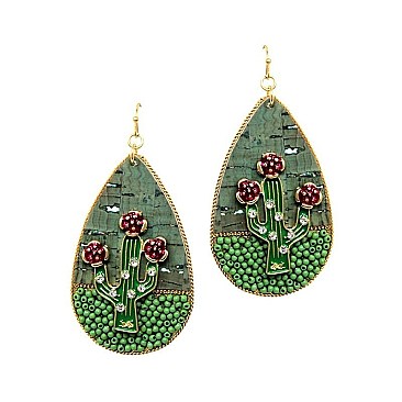 Rhinestone and Bead Cork Texture Metal Teardrop Novelty Cactus Earring