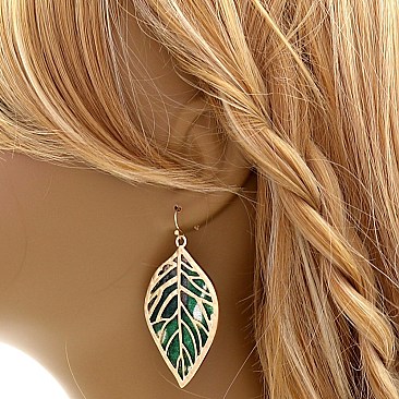 Layer Metal Printed Canvas Filigree Leaf Earring