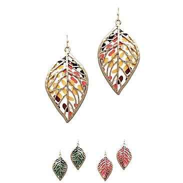 Layer Metal Printed Canvas Filigree Leaf Earring