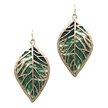 Layer Metal Printed Canvas Filigree Leaf Earring