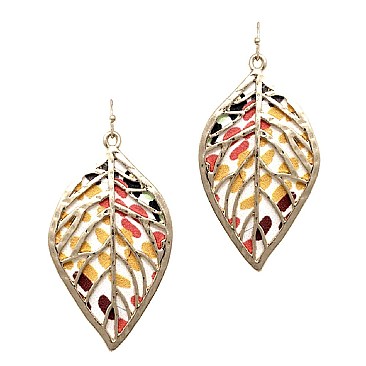 Layer Metal Printed Canvas Filigree Leaf Earring