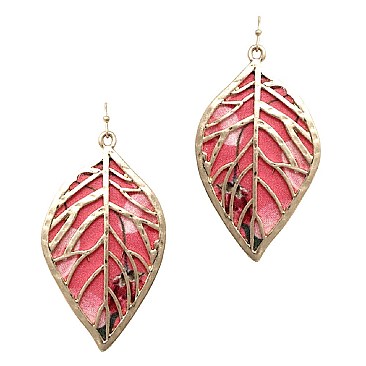 Layer Metal Printed Canvas Filigree Leaf Earring