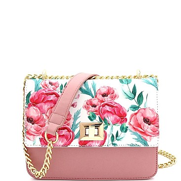 2-Way Flower Print Turn-Lock Accent Chain Shoulder Bag