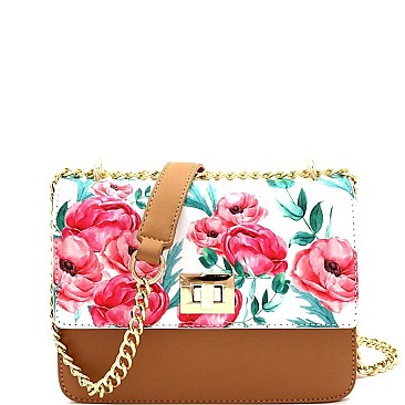 2-Way Flower Print Turn-Lock Accent Chain Shoulder Bag