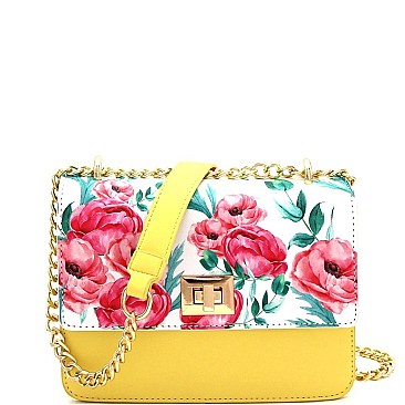 2-Way Flower Print Turn-Lock Accent Chain Shoulder Bag