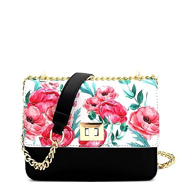 2-Way Flower Print Turn-Lock Accent Chain Shoulder Bag