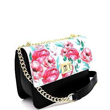 2-Way Flower Print Turn-Lock Accent Chain Shoulder Bag