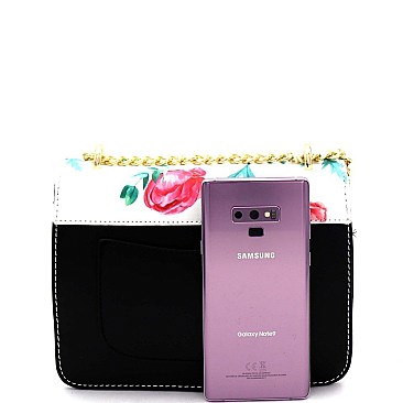 2-Way Flower Print Turn-Lock Accent Chain Shoulder Bag