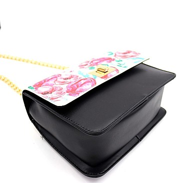 2-Way Flower Print Turn-Lock Accent Chain Shoulder Bag