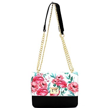 2-Way Flower Print Turn-Lock Accent Chain Shoulder Bag