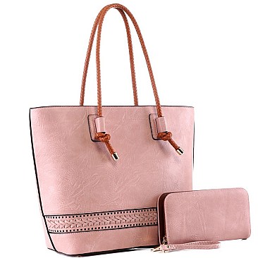 Braided Strap Shopper Tote Wallet SET